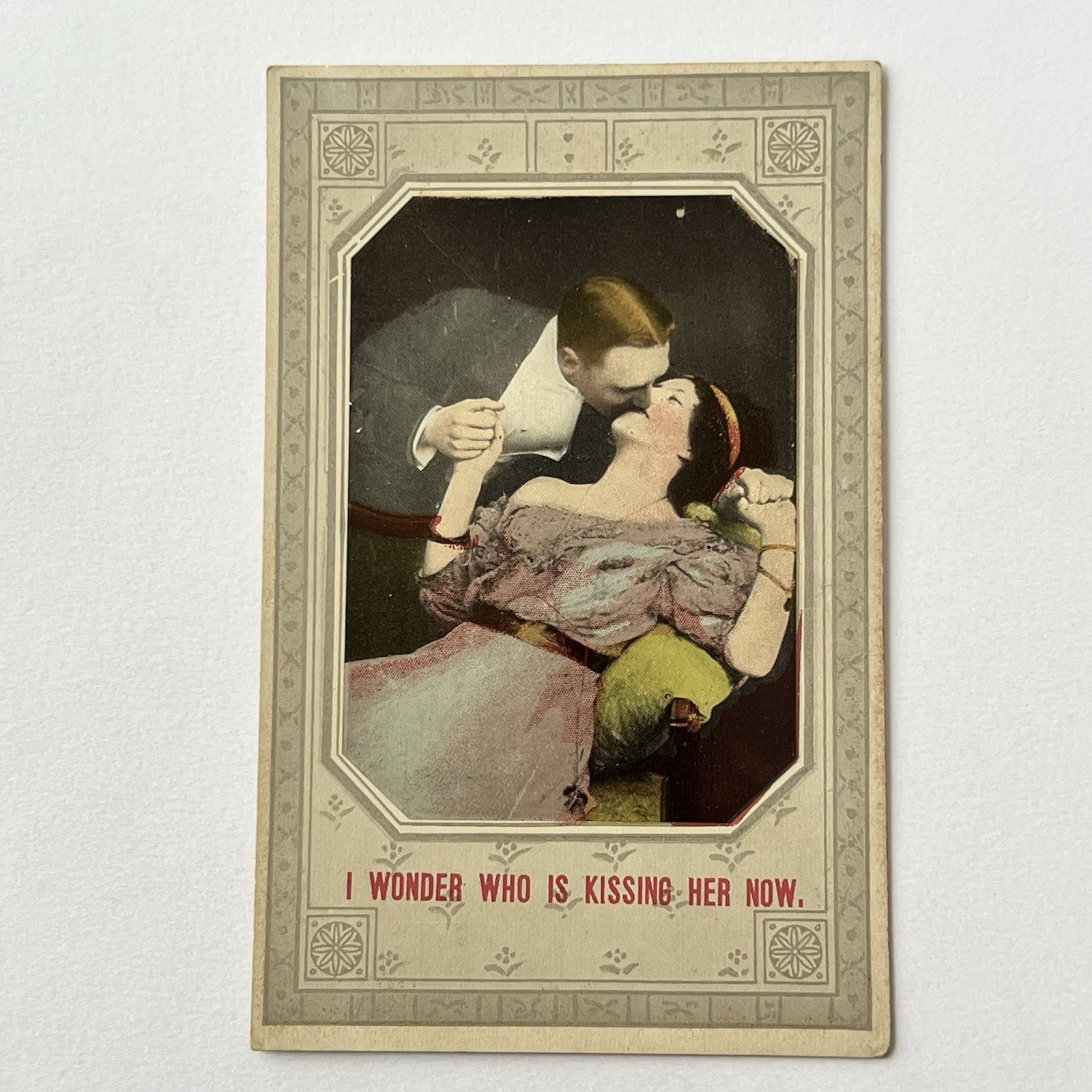 Antique Postcard Lovers Valentines Day Lost Love Romance Kissing