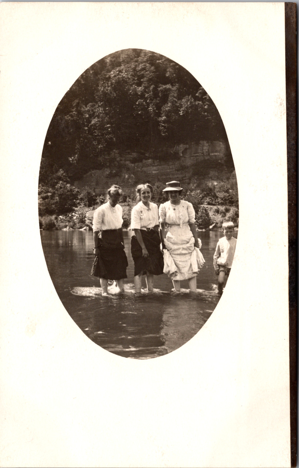 Antique RPPC Women Wading Creek River AZO Real Photo Postcard Snapshot