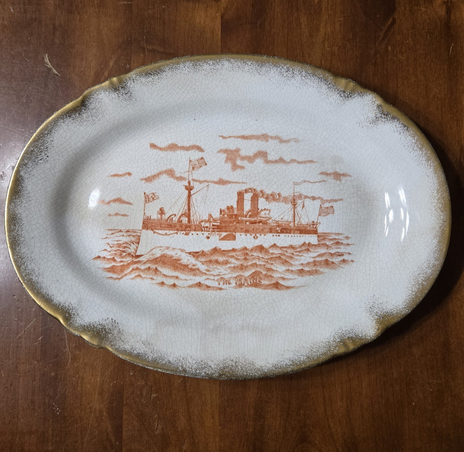 Antique 1898 Wheeling Pottery USS Maine Platter Heyman Bros W. Va. Advertising