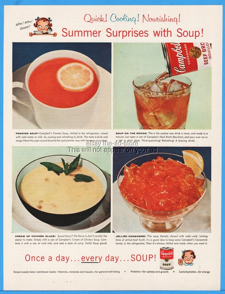 1956 Campbell\'s Soup Beef Broth Summer Surprises 1950\'s Vintage Kitchen Decor Ad