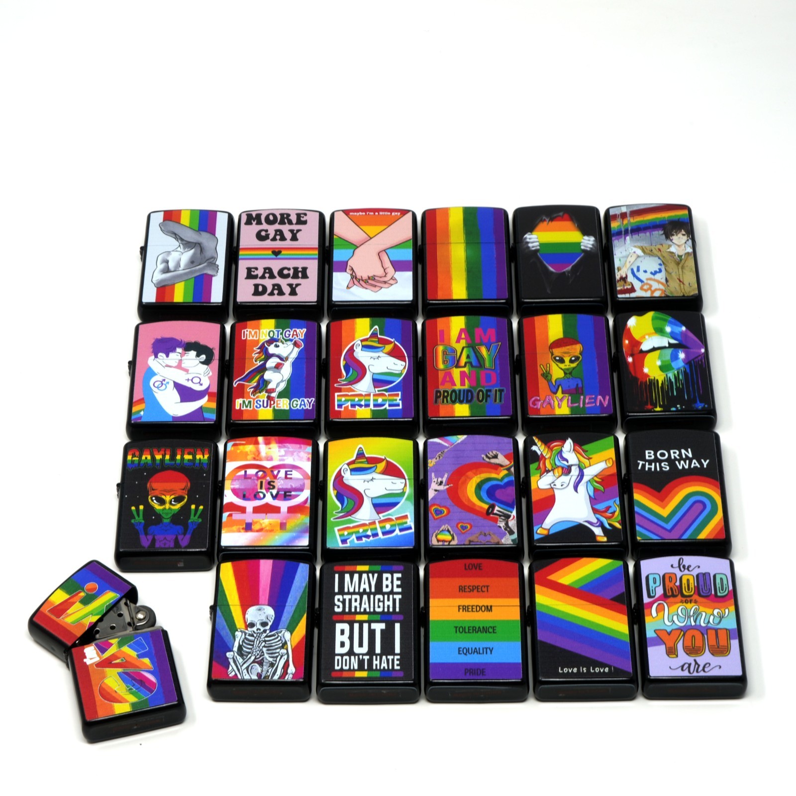Collectible Gay Pride  – 24 Pcs Mixed Black Metal Windproof Oil Lighters