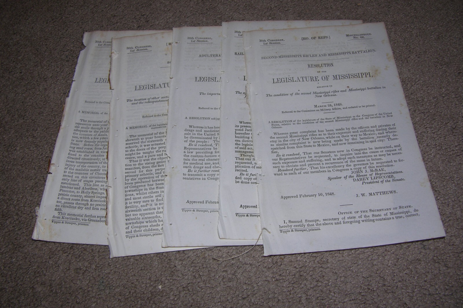 5x 1848 Resolutions from Mississippi RE: School, Stage Routes, etc Gov Docs