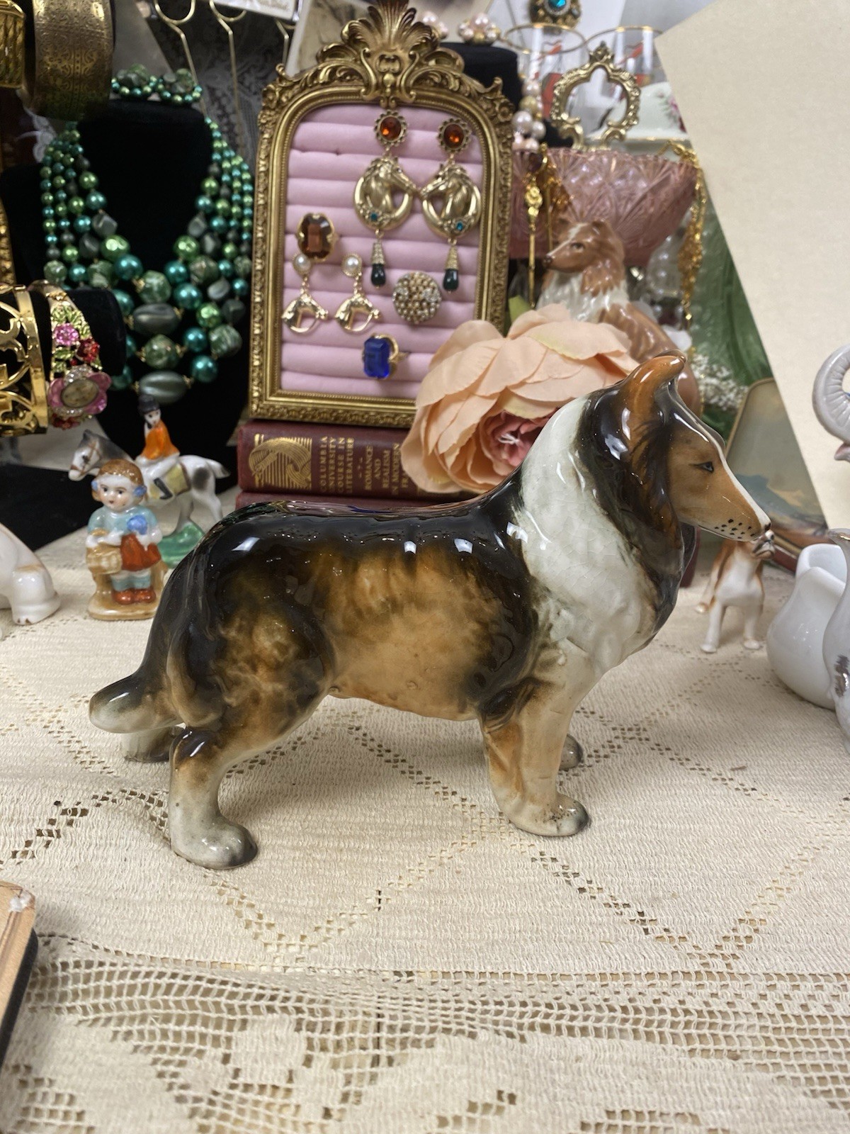 Vintage Collie Dog Figurine Porcelain Ceramic Sable Black White 6 Inch
