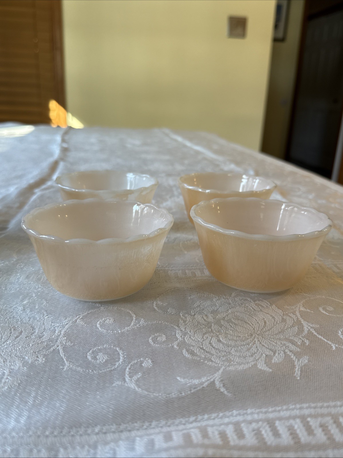 Vintage FIRE KING 6 oz Peach Lustre Scalloped Custard Cups - Set Of 4