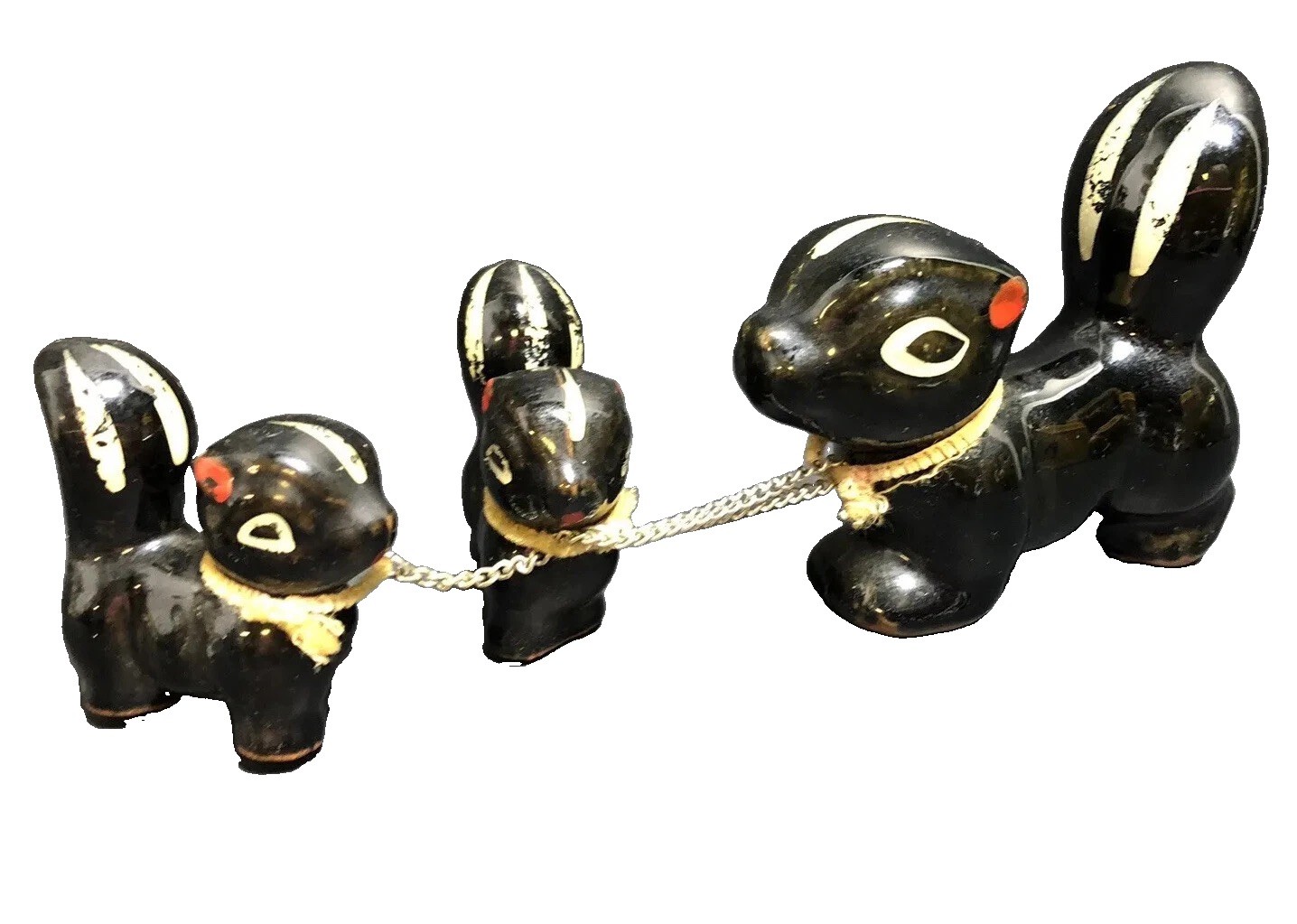 Vintage 1960s Japan Redware Skunk Family Figurines Chained Set of 3 MCM Vintage 1960s Japan Redware Skunk Family Figurines Chained Set of 3 MCM