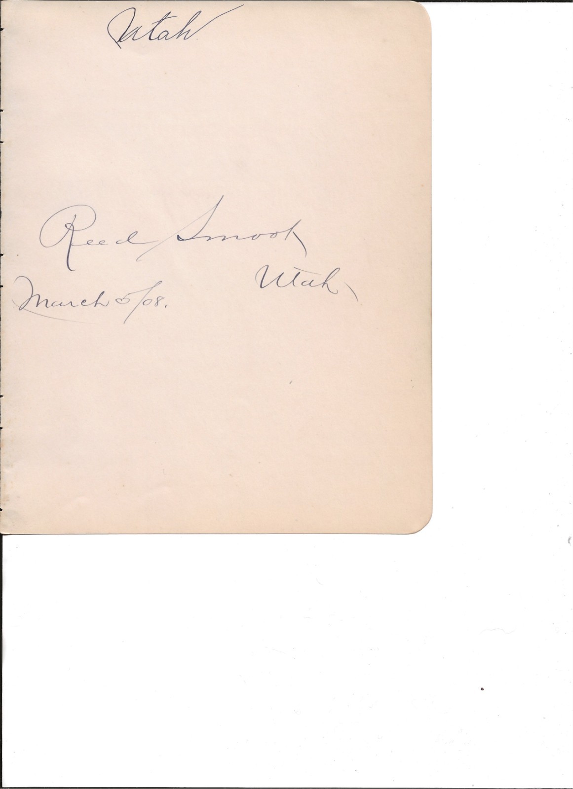 Reed Smoot autographed 6 1/2 x 8 album page dated 1908 as Senator fromm Utah