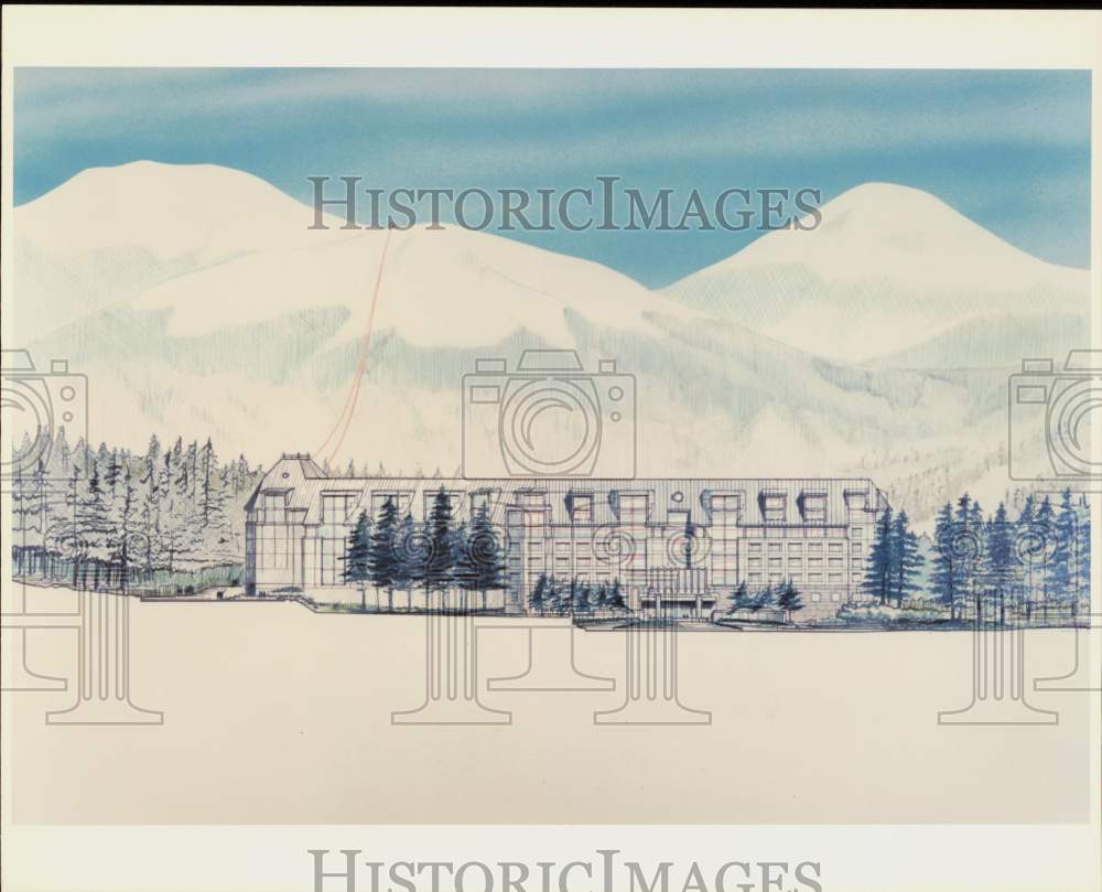 1988 Press Photo Line drawing of Alyeska Resort\'s new Prince Hotel and tramway