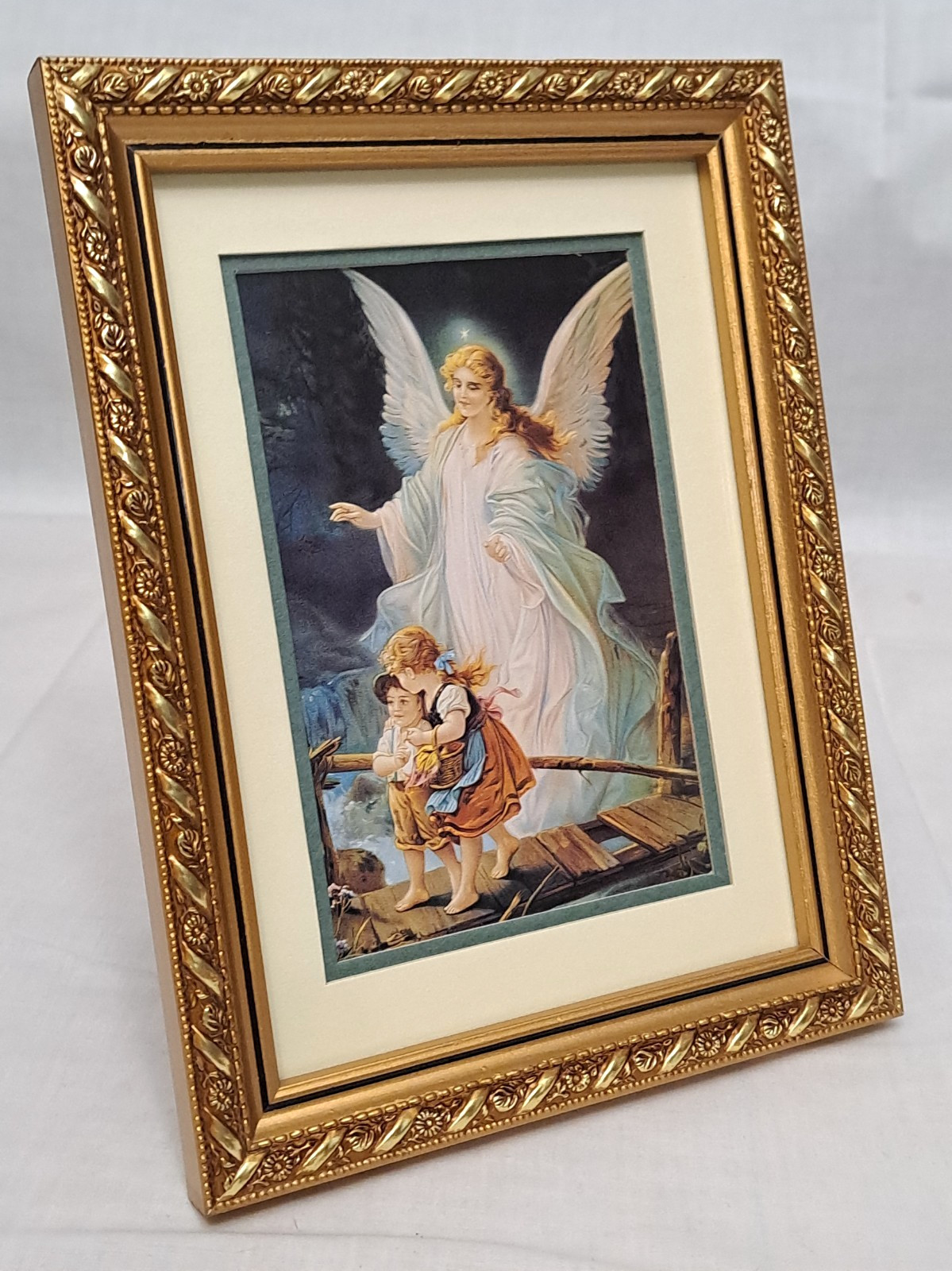 Vintage Style 5x7 Guardian Angel Framed Print Ornate Gold Floral Tabletop Frame 