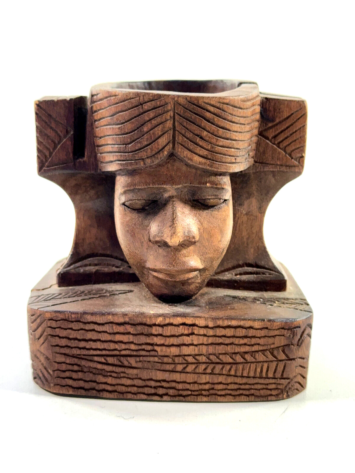 vtg Folk Art Carved Wood Wooden HEAD skull South America ashtray