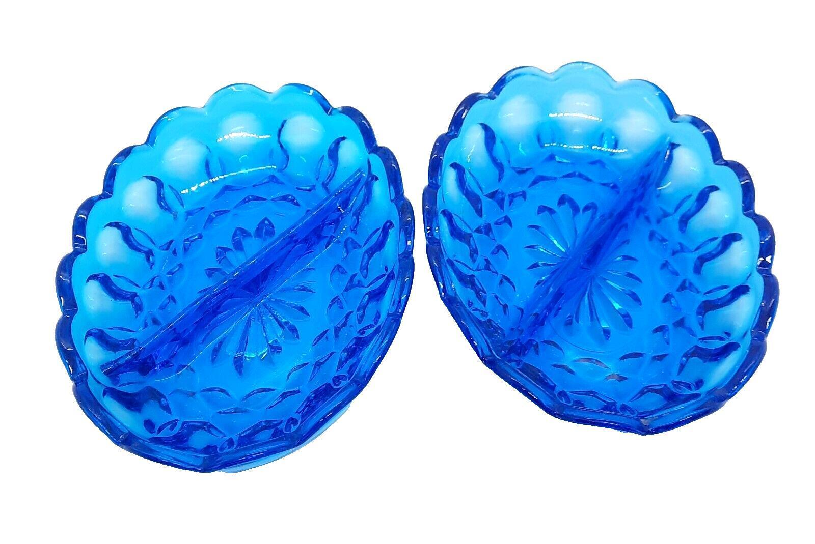 Indiana Glass Small Divided Oval Candy/Relish Bowl Blue Dish - Lot Of 2