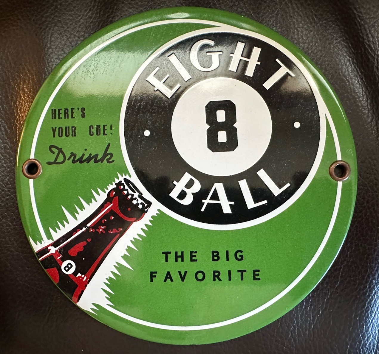 Vintage Porcelain Eight Ball Soda Drink Sign 6.00” Door Push Vintage Porcelain Eight Ball Soda Drink Sign 6.00” Door Push