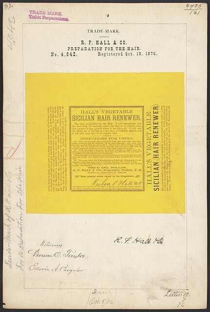 Photo:Hall\'s Vegetable Sicilian Hair Renewer Trade Mark 1876 R. P. Hall Co