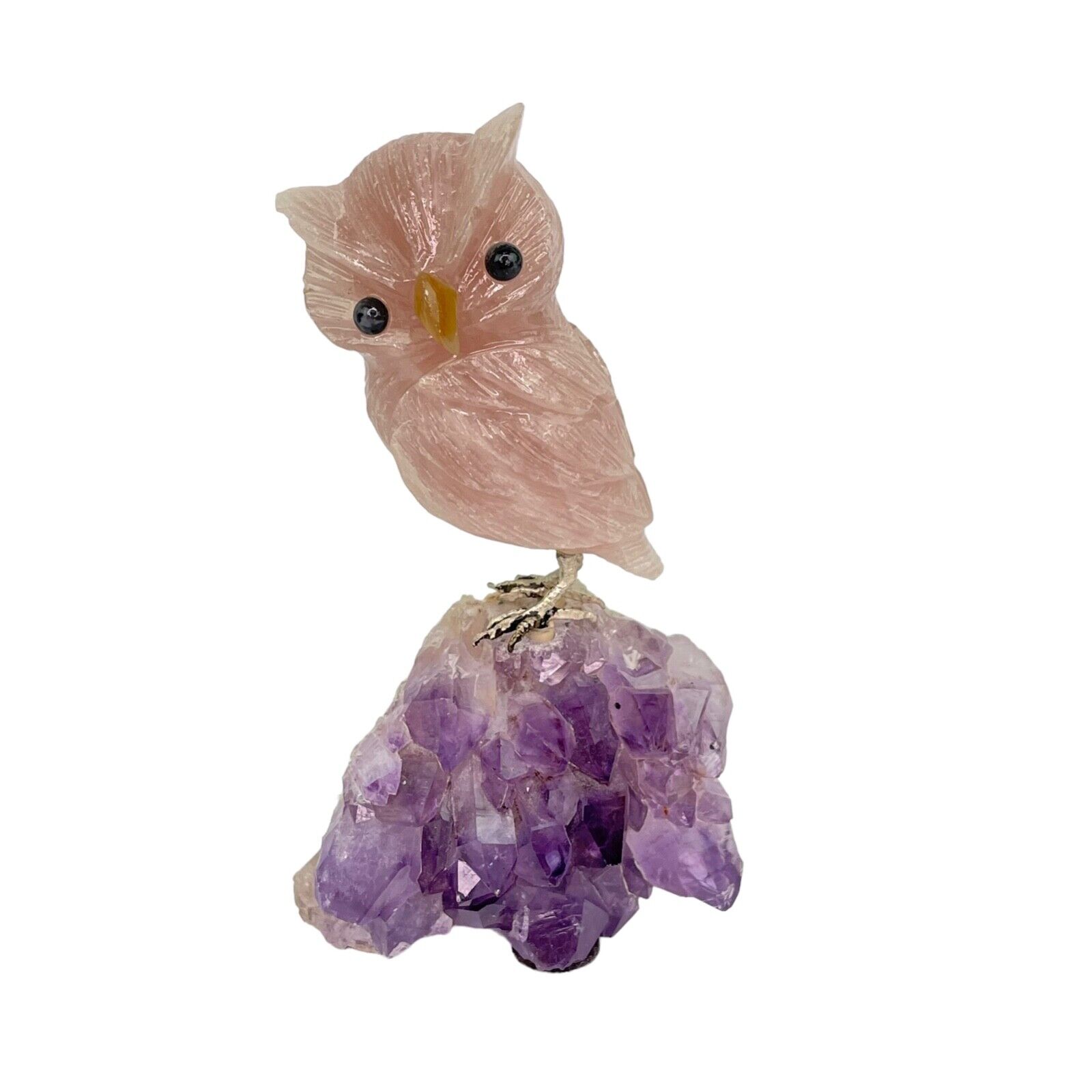 Rose Quartz Owl on Amethyst Geode Crystal Base Hand Carved Bird 4.5\
