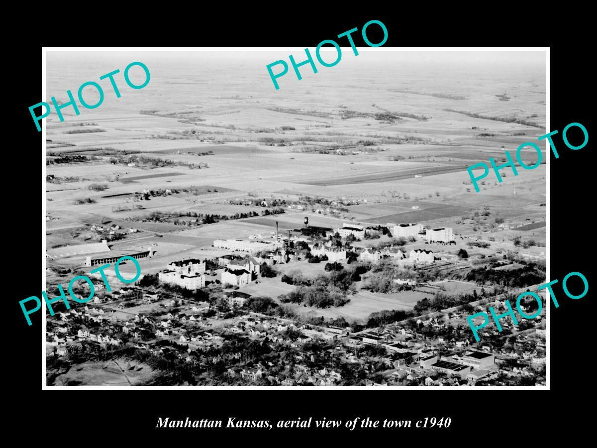 OLD POSTCARD SIZE PHOTO MANHATTAN KANSAS AERIAL VIEW OF THE TOWN c1940