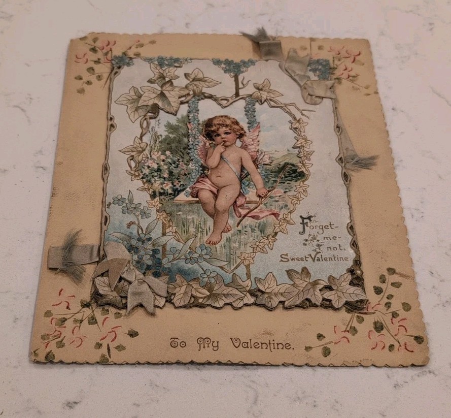 ANTIQUE VALENTINE\'s DAY GREETING CARD CUPID CHERUB DIE CUT LARGE 10.5\