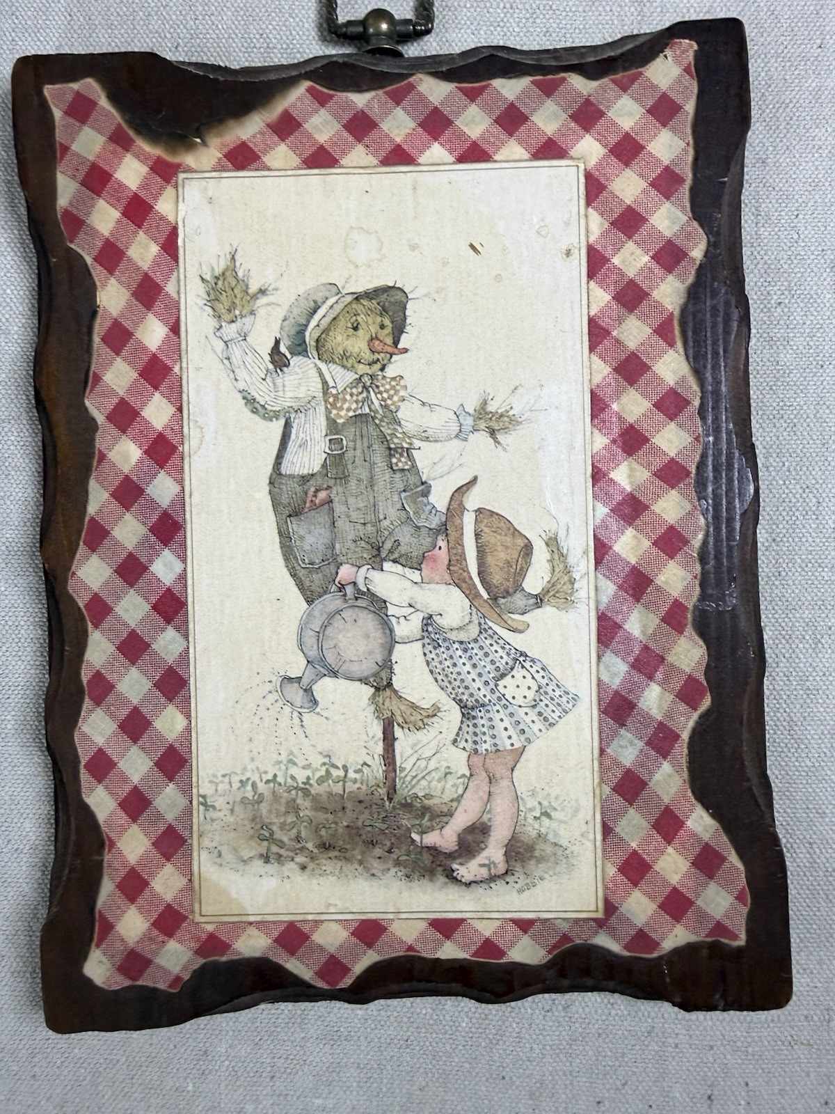 Vintage Holly Hobbie Style Scarecrow Girl Wood Wall Plaque Gingham Farmhouse