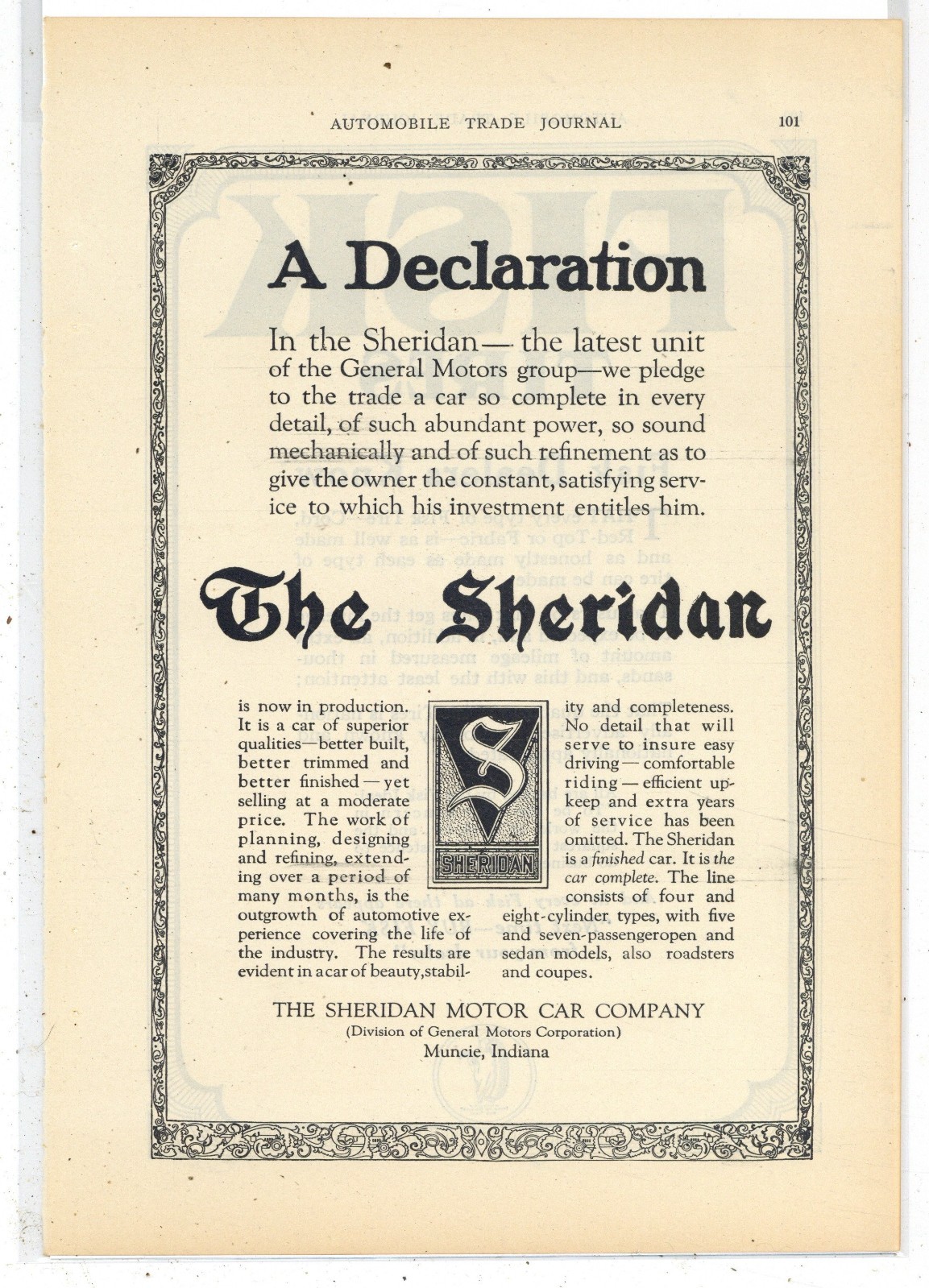 1920 Sheridan Motor Car Co. of Muncie, Indiana Ad: Latest Addition to GM