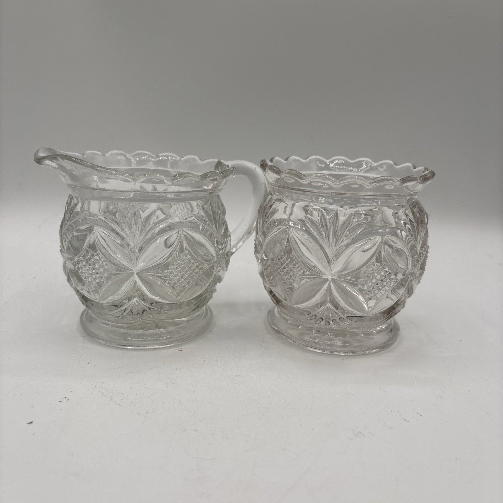 Vintage Gillander & Sons Glass Sugar Bowl & Creamer Pillow & Sunburst