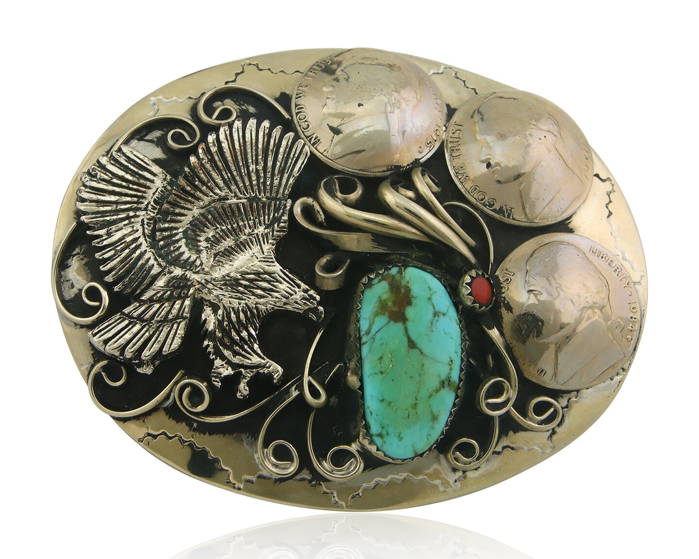 Navajo Belt Buckle .999 Nickel Buffalo Gemstone Signed Squaw Wrap 2.5x3.0in C80s