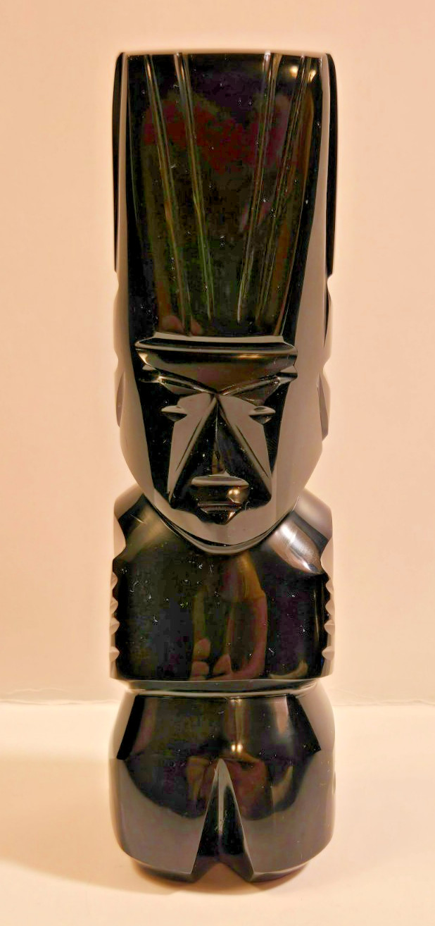 Vintage Mexican Black Obsidian Carved Aztec Mayan Warrior Figure Statue 9in