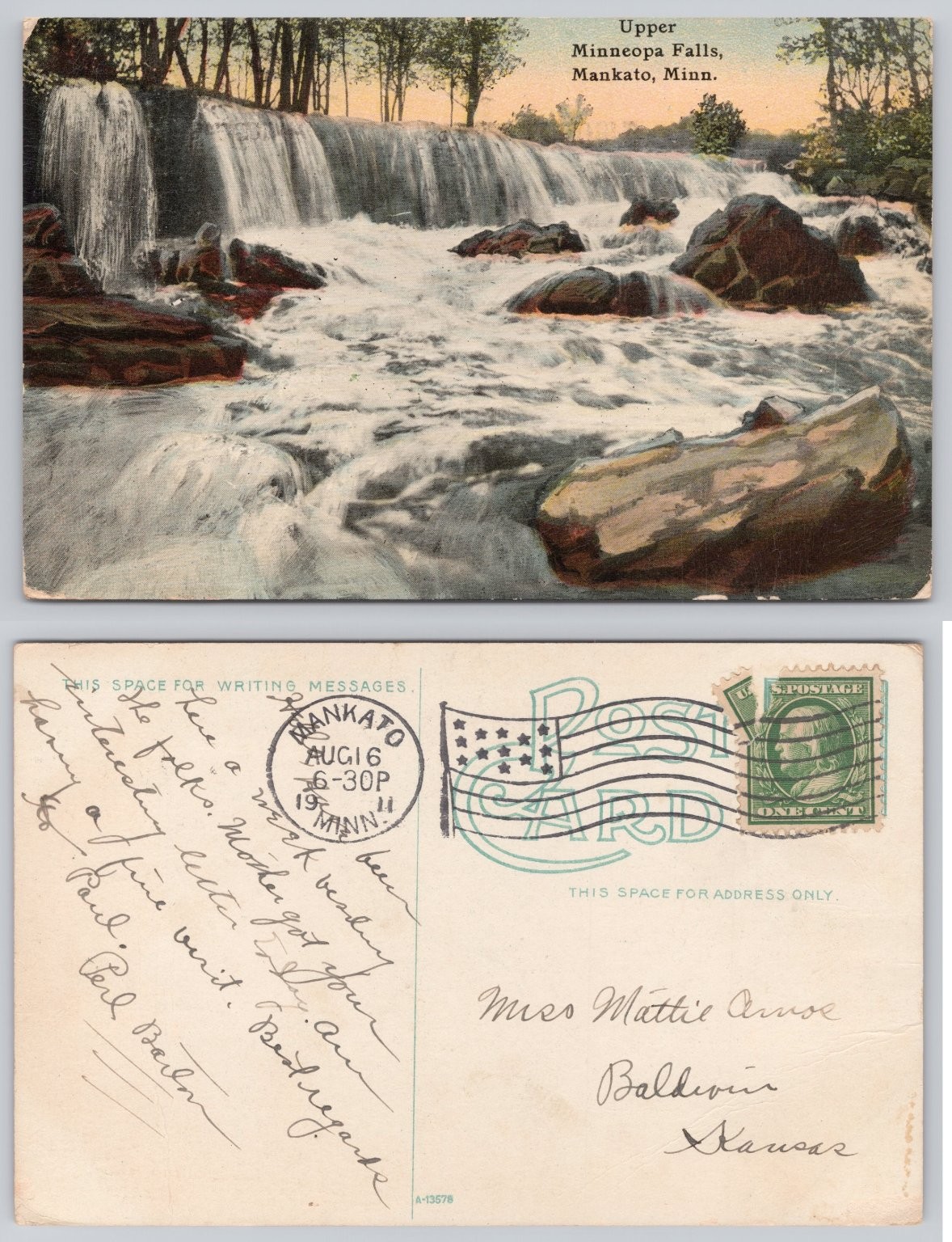 1911 Upper Minneopa Falls Mankato Minnesota Vintage Postcard Waterfall