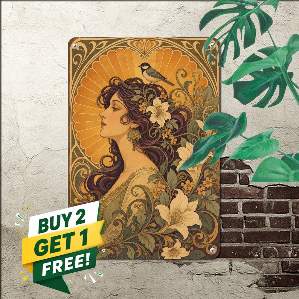 Art Nouveau Woman Cats Midnight Garden Poster Metal Tin Sign Wall Decor 8x12