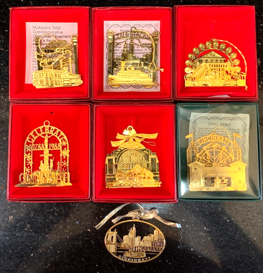 Ornament McAlpin\'s Lot of 7 Cincinnati 24 kt Gold Finish 1988 90 92 93 95 97 VTG Ornament McAlpin\'s Lot of 7 Cincinnati 24 kt Gold Finish 1988 90 92 93 95 97 VTG