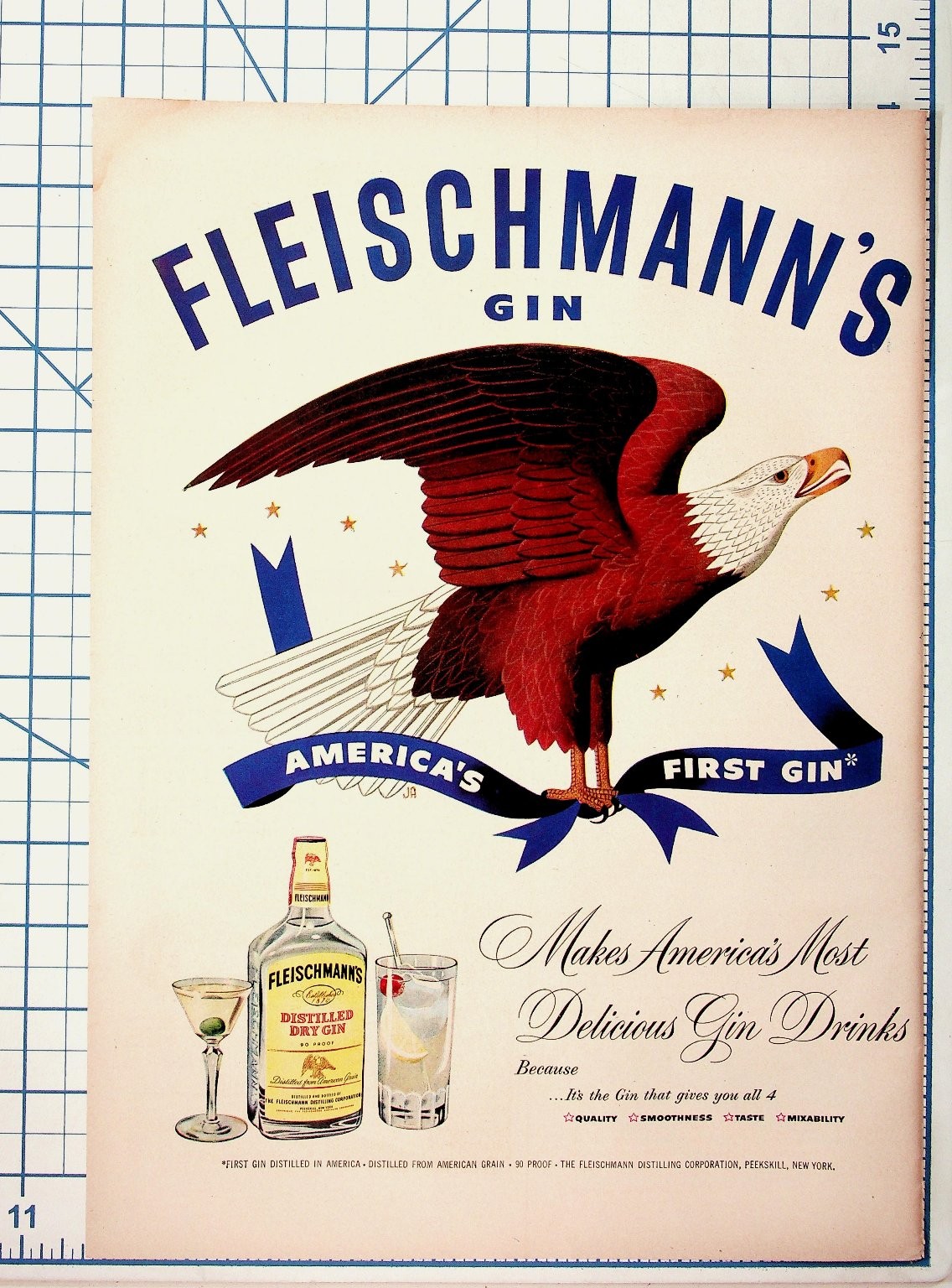 Fleischmann\'s Gin America\'s First Gin Eagle Vintage Print Ad Peekskill NY
