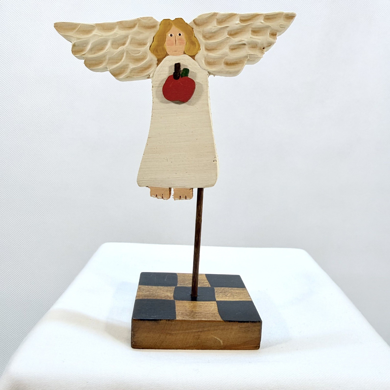 Vintage Nancy Thomas Primitive Folk Art Angel 1997 Hand Painted Wood w Apple 6” Vintage Nancy Thomas Primitive Folk Art Angel 1997 Hand Painted Wood w Apple 6”