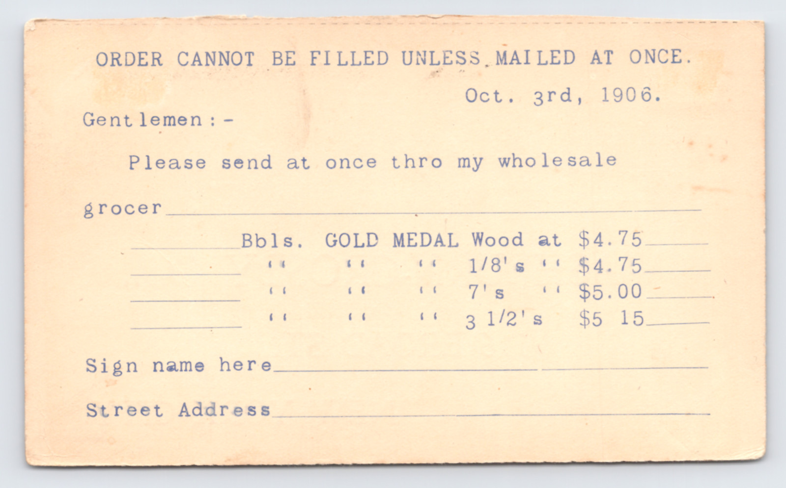 1906 Washburn-Crosby Gold Medal Flour Order Postal Card NYC NY General Mills
