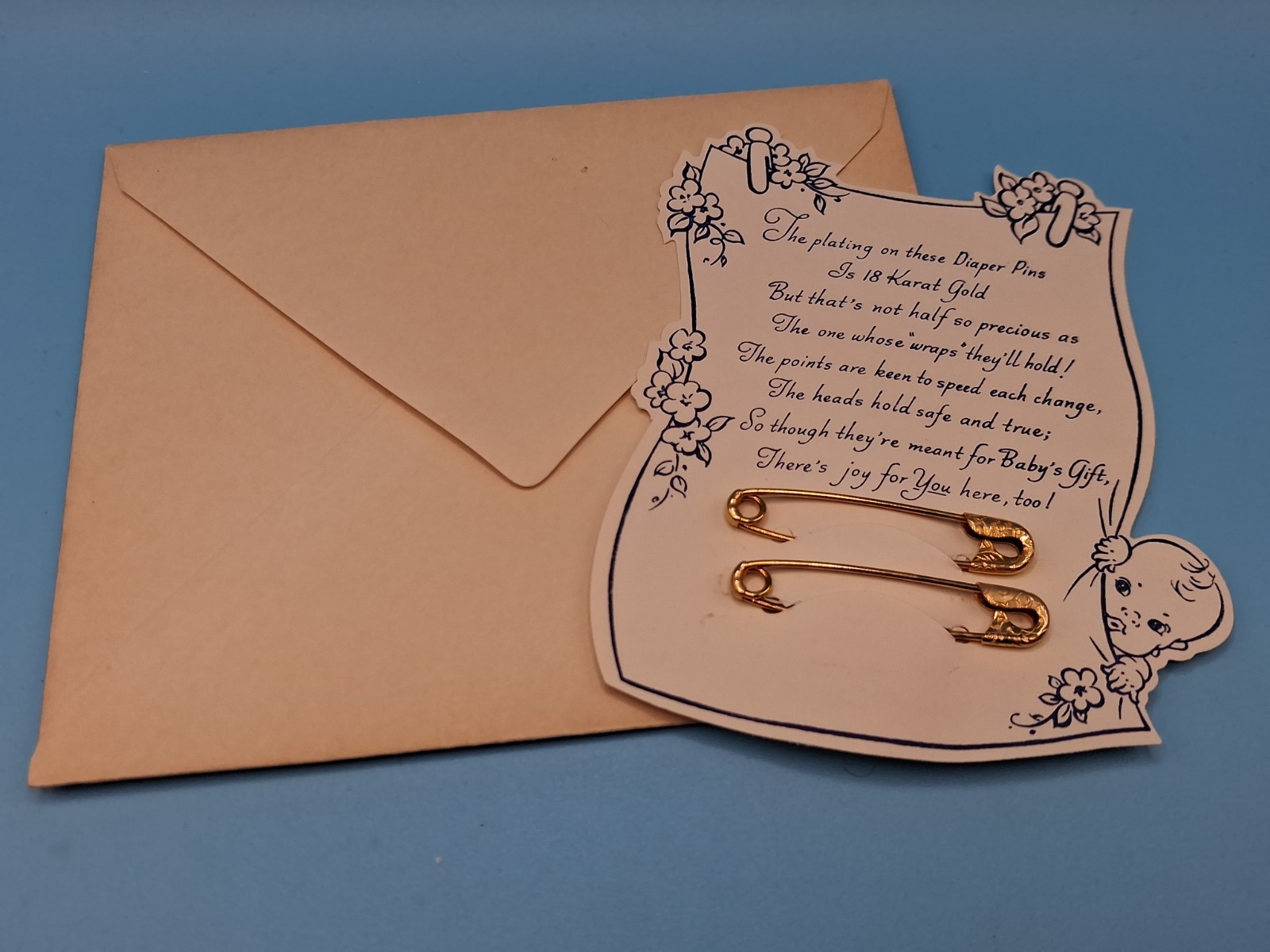 Vintage Baby Gift Card and Two 18 Karat Gold Plated Diaper Pins