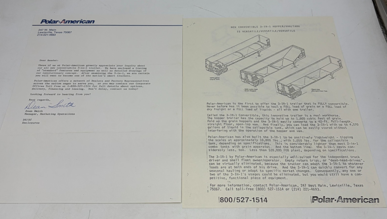 Vintage Polar-American 3-in-1 Semi Trailer Sales Brochure Hopper Tank Van Letter Vintage Polar-American 3-in-1 Semi Trailer Sales Brochure Hopper Tank Van Letter