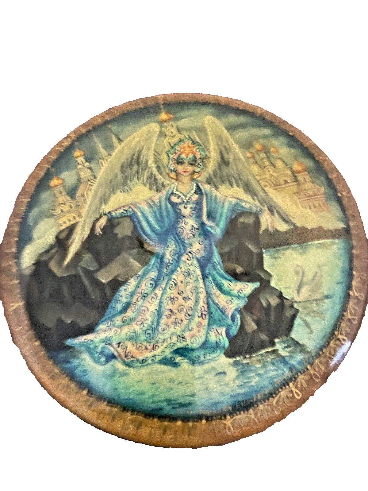 Trinket Box Russian Lacquer Round Box Swan Princess with Wings Signed Wood