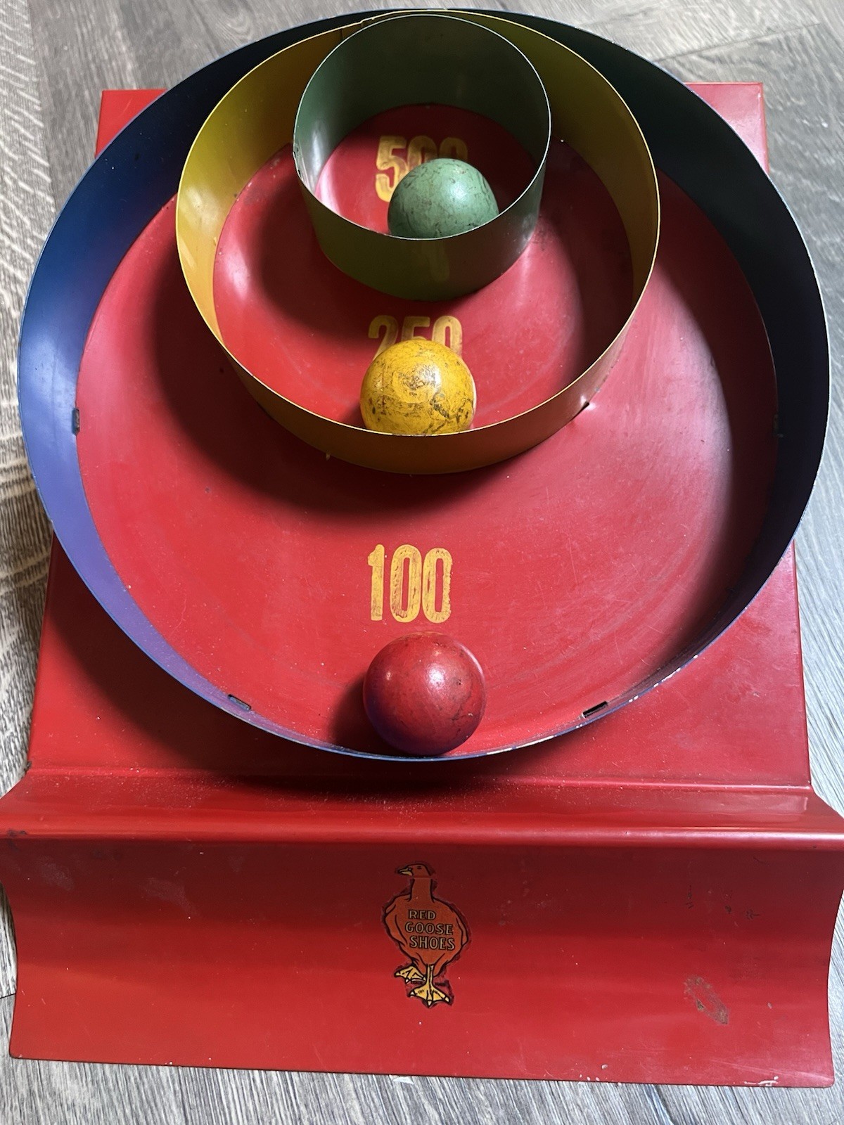 Antique Red Goose Skee Ball Tin  Advertising Store Display Original Wood Balls