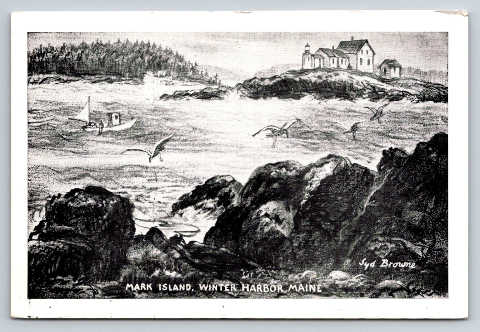 Mark Island Winter Harbor Maine Lighthouse Syd Browne Artist Postcard 1910s