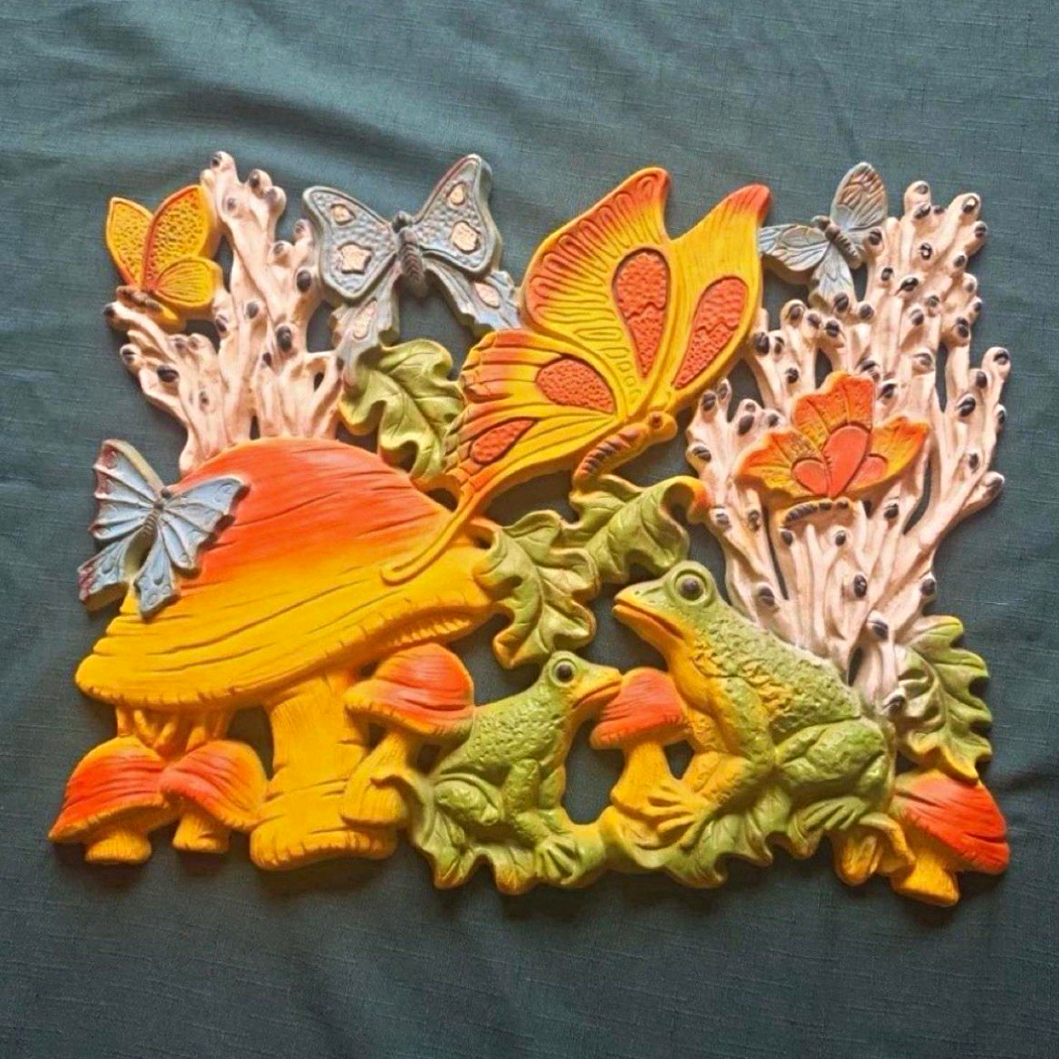 Vintage 1970s Wall Plaque Frogs Mushrooms Butterflies Multicolor