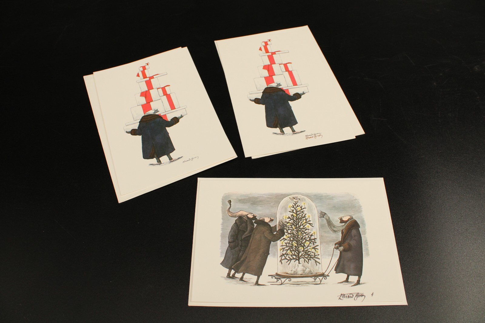 Suite of 3 Edward Gorey Christmas Holiday Cards, 2 Signed by Hand, Mr. Earbrass Suite of 3 Edward Gorey Christmas Holiday Cards, 2 Signed by Hand, Mr. Earbrass