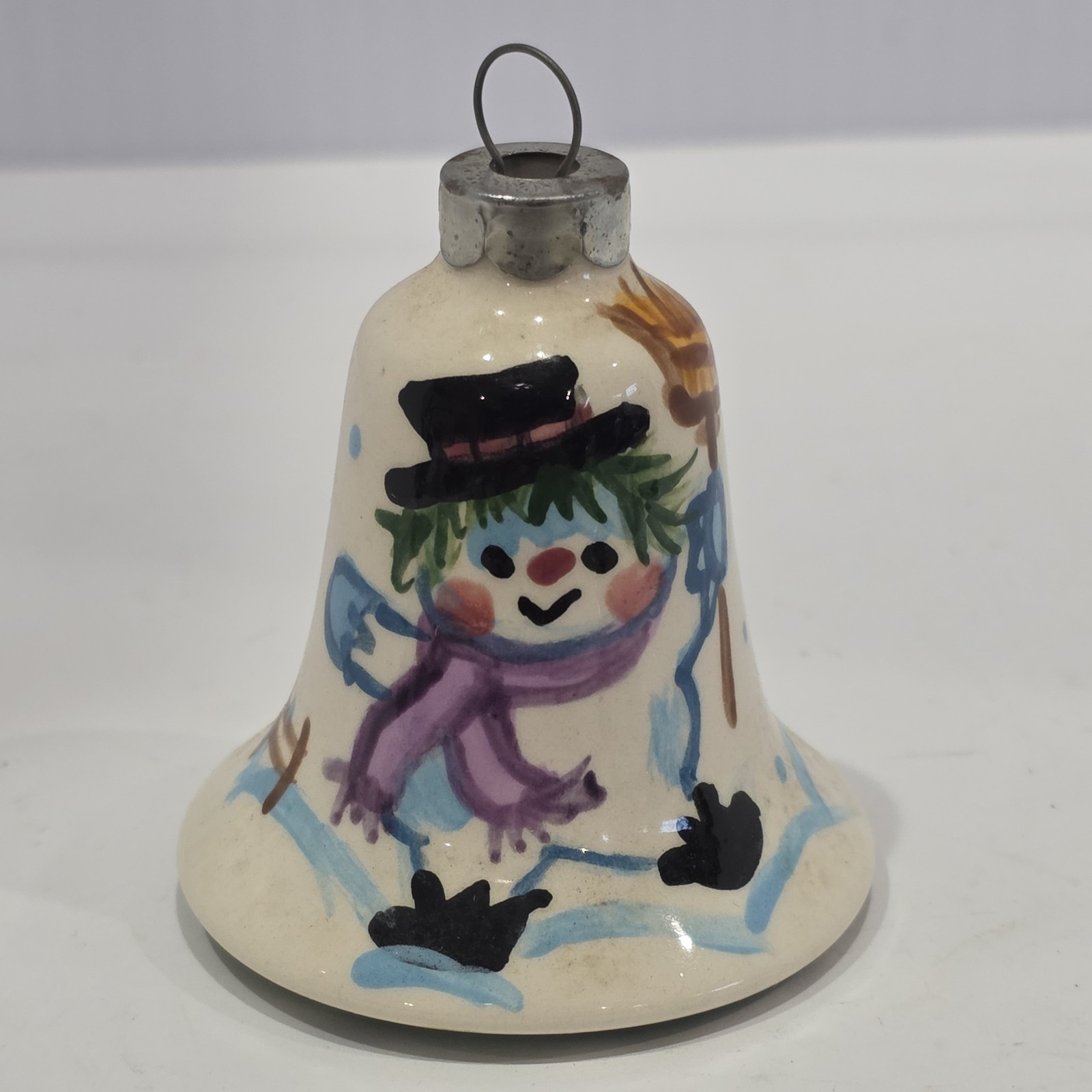 Vintage Suzi Long 1988 Hand Painted Ceramic Snowman Bell Christmas Ornament