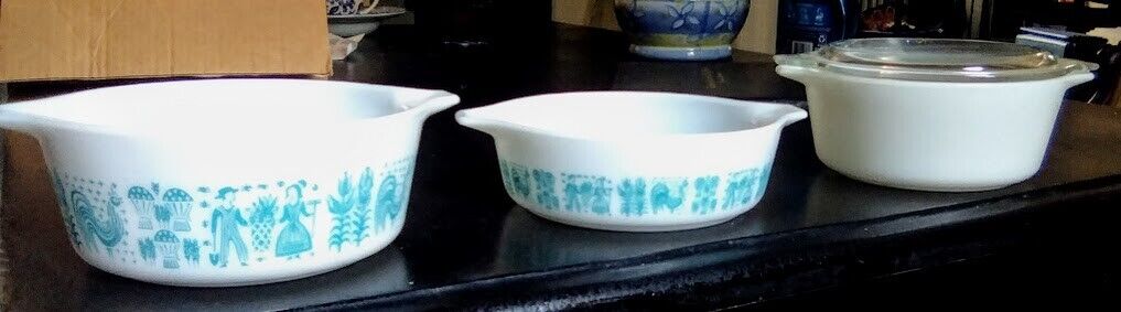 1950\'s vintage Pyrex dishes (2 amish butter print and one white w/ lid)