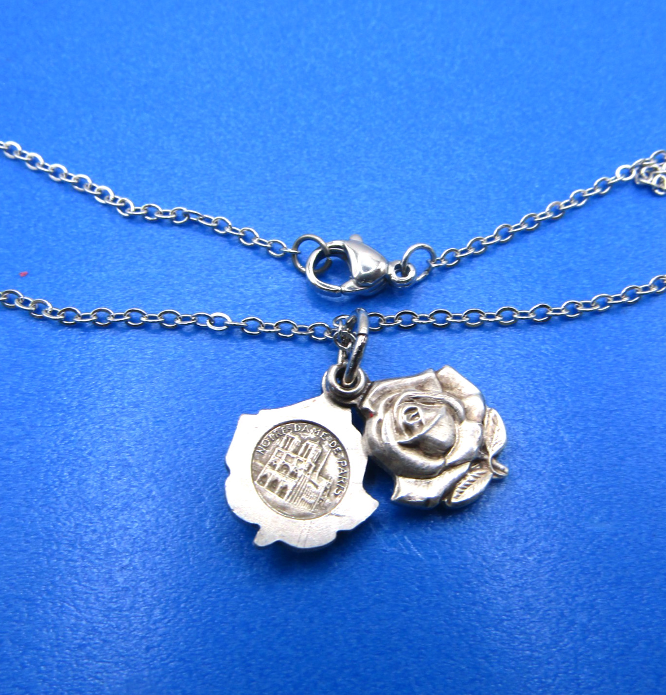 Vintage Notre Dame de Paris Mary and Jesus Rose Pendant Necklace