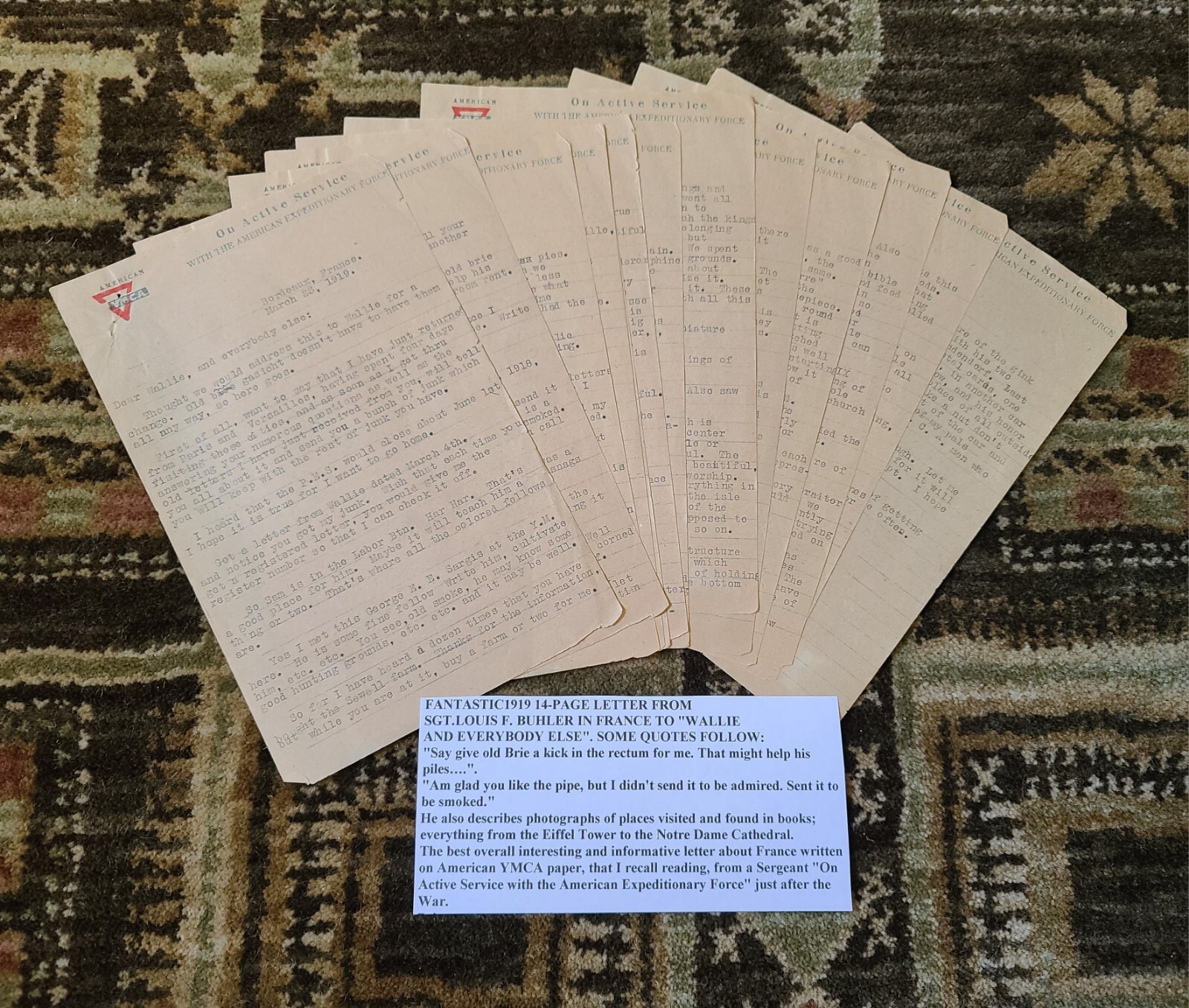 1919 American YMCA 14pg Letter Sgt Louis F Buhler Bordeaux France Expedition