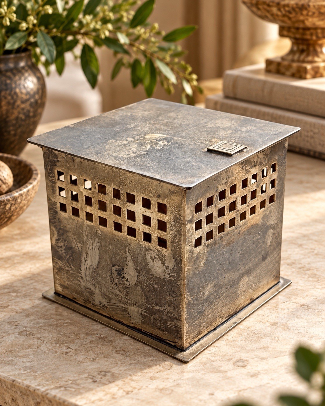 Vintage Pottery Barn Silver Plated Secessionist Pierced Incense Burner Box India