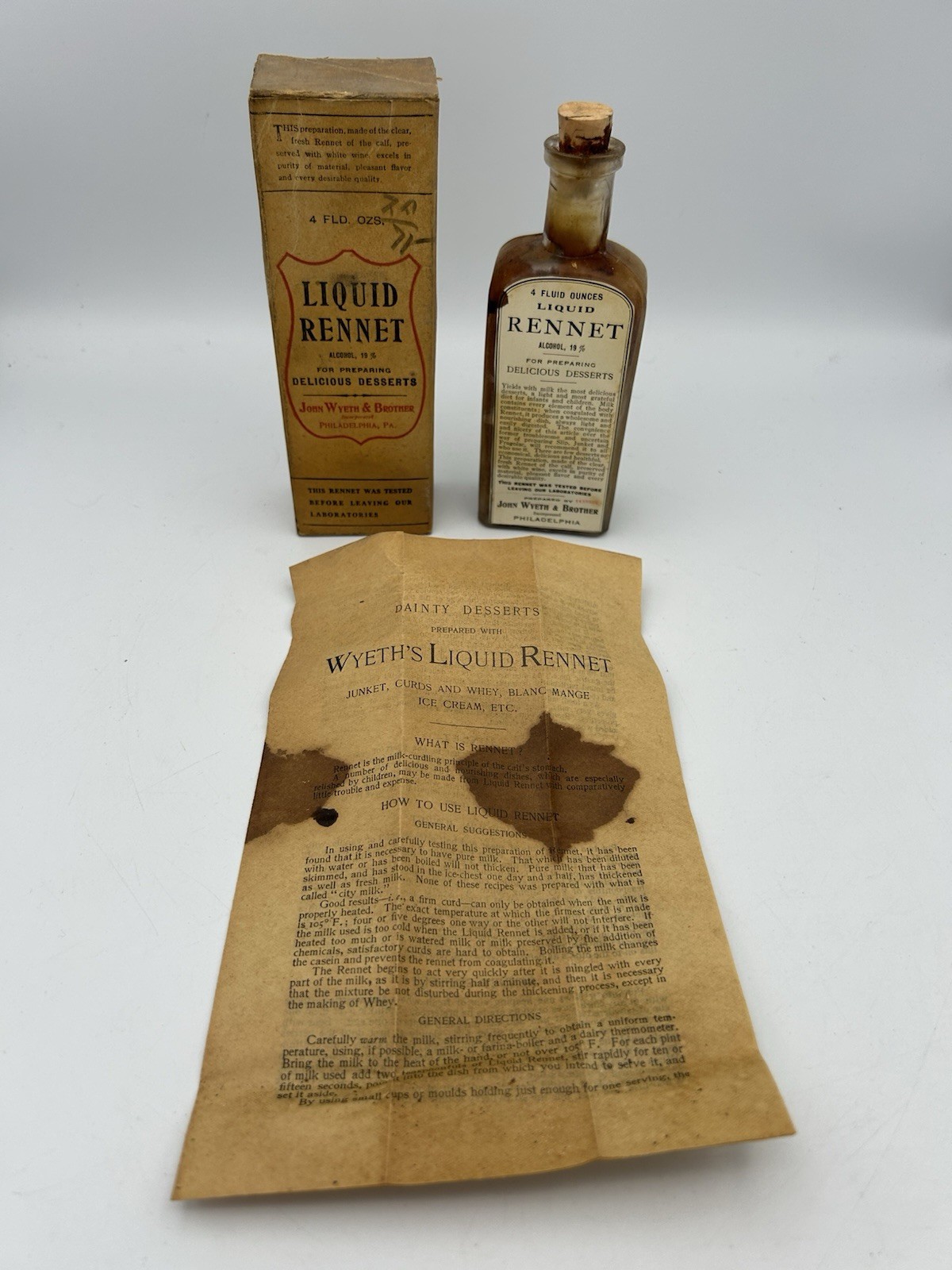 Antique John Wyeth & Brother Bottle Liquid Rennet w/ Box Paper Very Rare