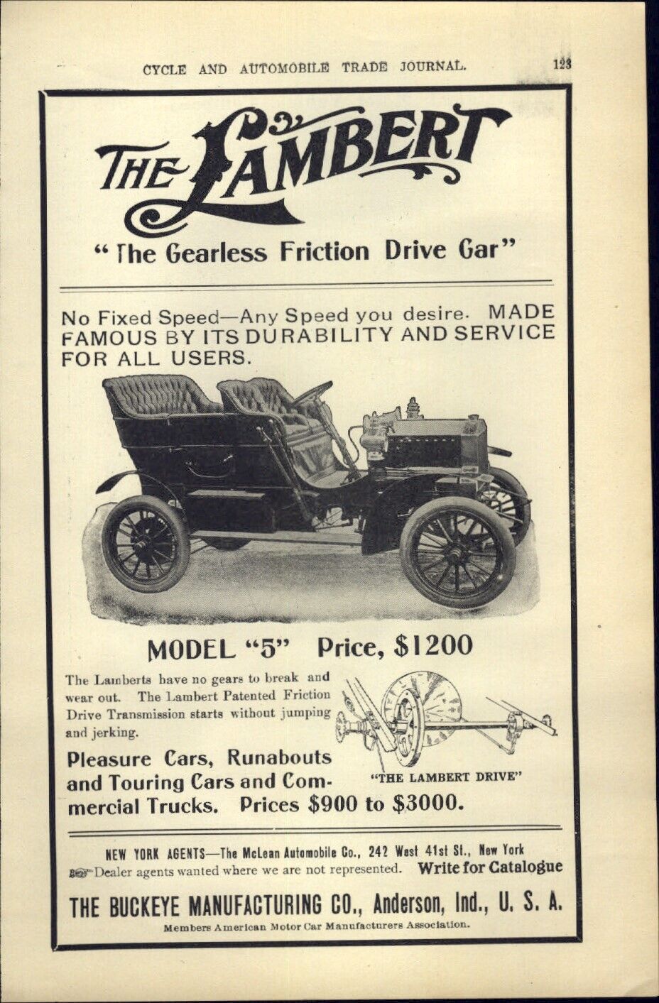 1906 PAPER AD CAR AUTO Lambert Model 5 Automobile Gearless Friction Drive