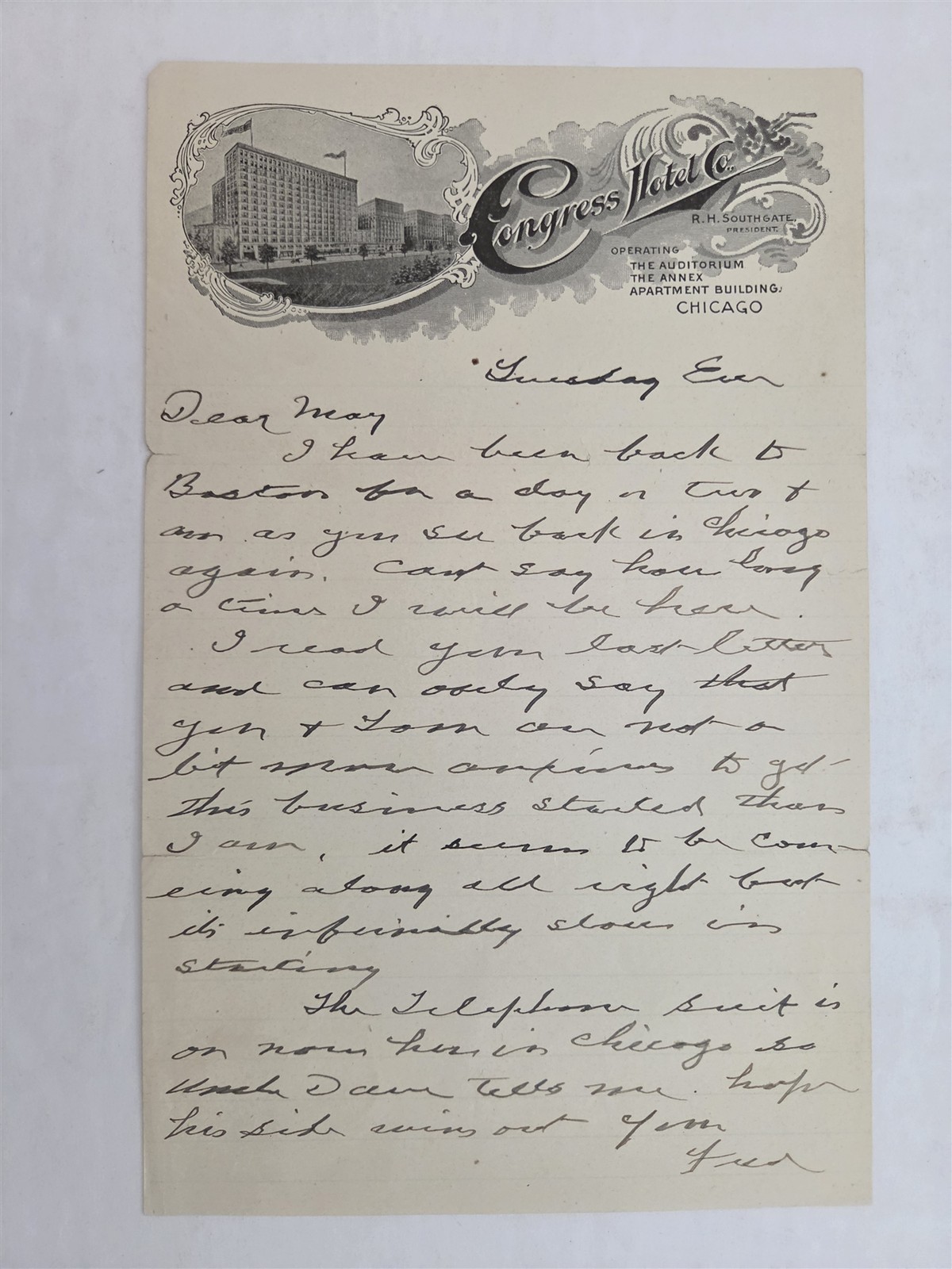 1910s antique CONGRESS HOTEL chicago il LETTER LETTERHEAD R.H. SOUTHGATE preside