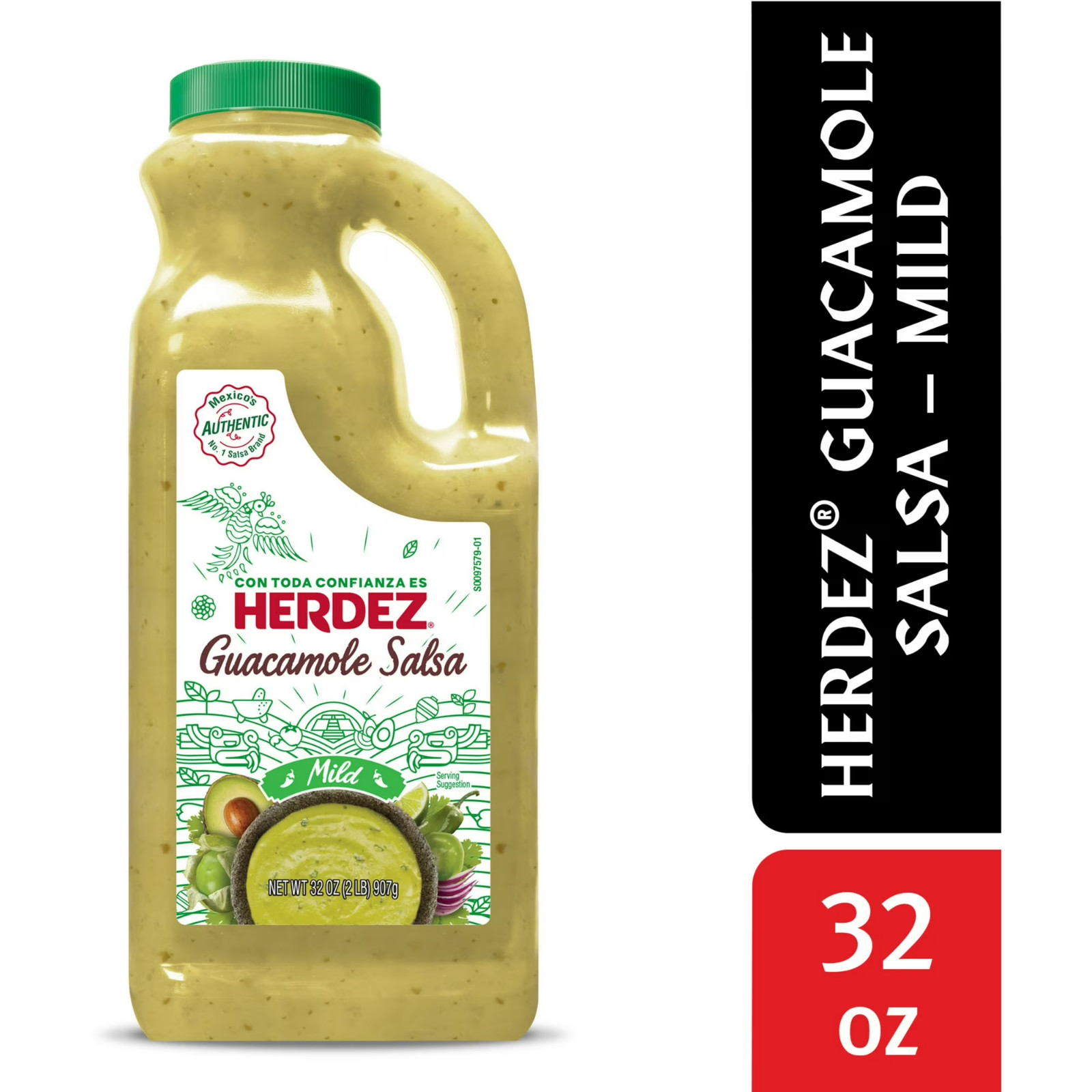 HERDEZ Guacamole Salsa Mild, Tortilla Chip Dip, Shelf Stable, 32 oz Large Plasti