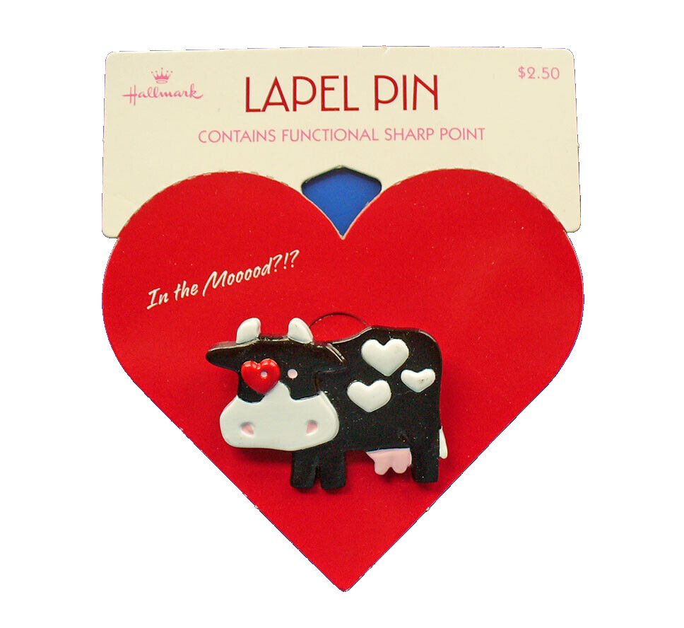 Hallmark PIN Valentines Vintage COW with HEARTS B&W 1989 Brooch 2.50 NEW
