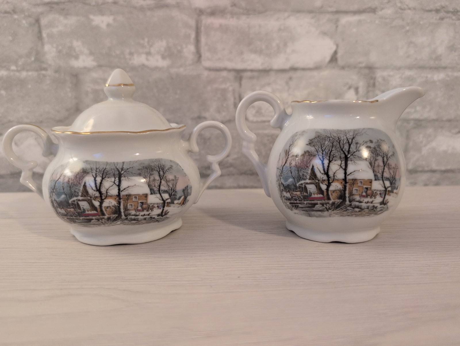 Vintage Currier and Ives Winter Scene Sugar Bowl / Creamer Avon Exclusive Mill