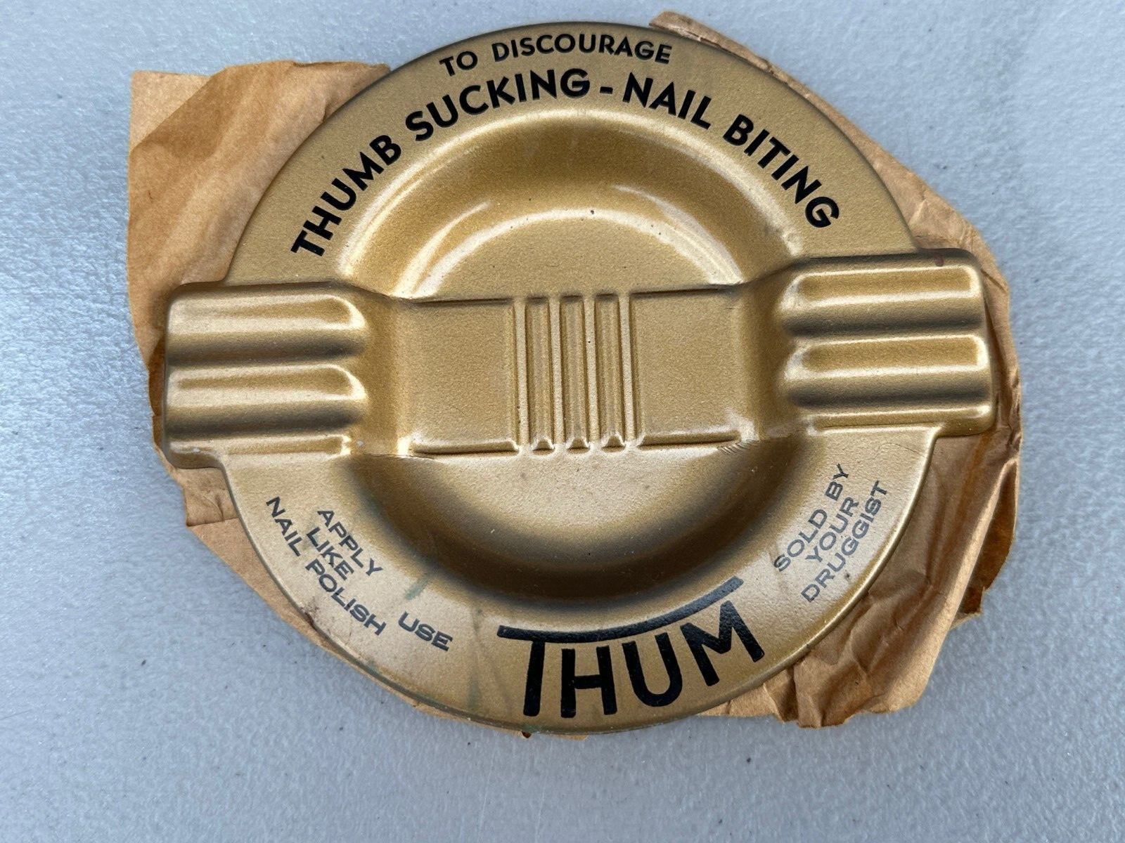 1950-60s Era THUM Anti-Thumb Sucking-Nail Biting ointment metal ashtray-VINTAGE