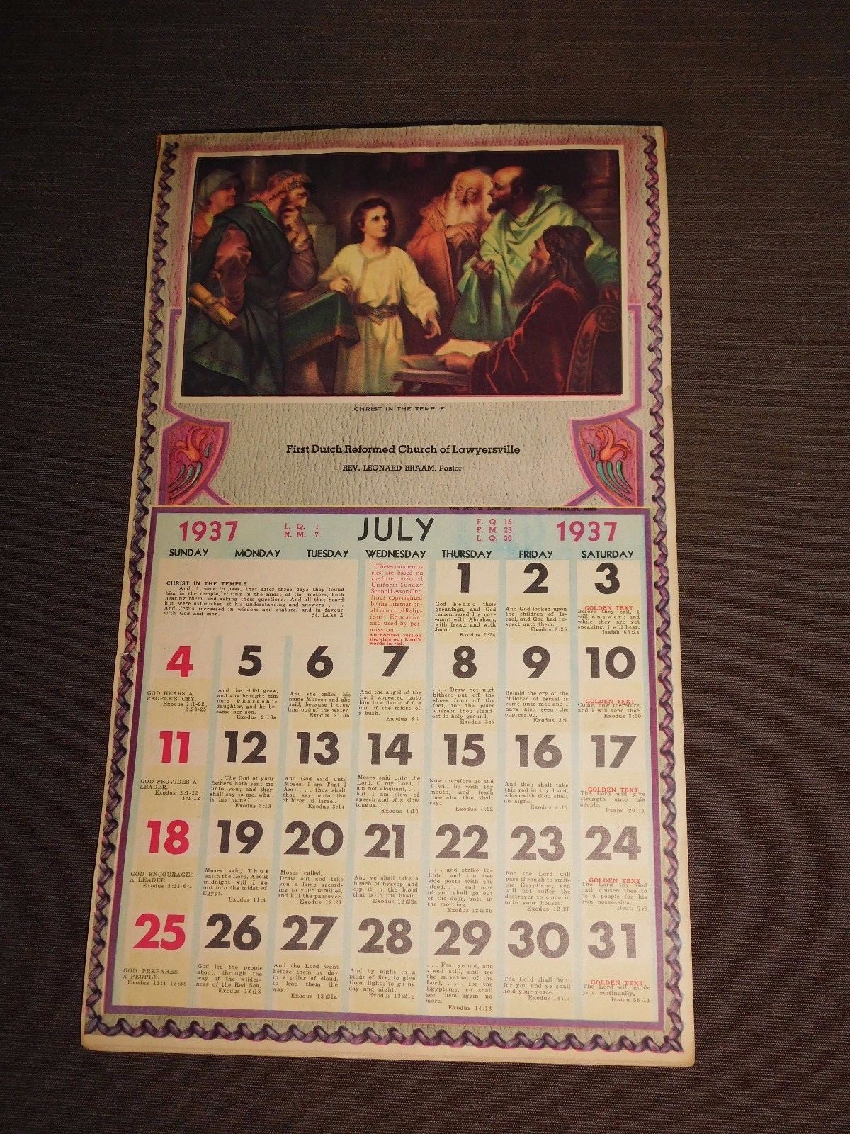 VINTAGE 1937 FIRST DUTCH REFORMED CHURCH LAWYERSVILLE NY   WALL CALENDAR